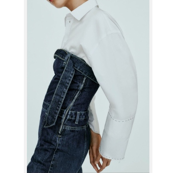 ZARA Strapless Wide Leg Denim Jumpsuit NEW - Picture 4 of 15